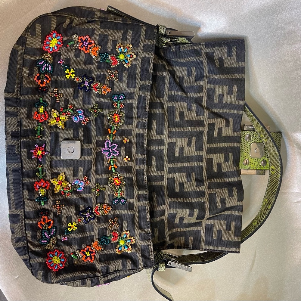 💖SOLD💖Fendi zucca print floral beaded baguette lizard shoulder strap RARE - Picture 8 of 16